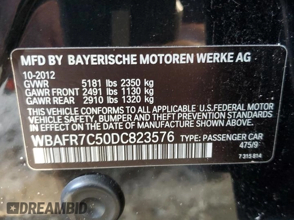 2013 BMW 5 Series 535i with VIN WBAFR7C50DC823576, listed as a Copart auction lot 82854723 with 94,102 mi miles and Clean Title. Bid and sale history available at DreamBid. Image 12.