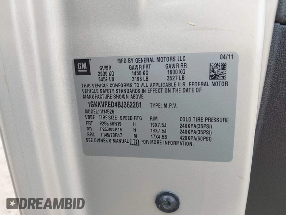 2011 GMC Acadia SLT1 с VIN 1GKKVRED4BJ362201, выставлен на аукционе IAAI как лот 42513682 с пробегом 168 303 миль миль и . История ставок и продаж доступна на DreamBid. Изображение 9.