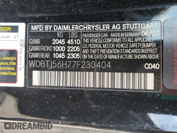 2007 Mercedes-Benz CLK 350 with VIN WDBTJ56H77F230404, listed as a Copart auction lot 65291925 with 128,021 mi miles and Salvage title. Bid and sale history available at DreamBid. Image 12.