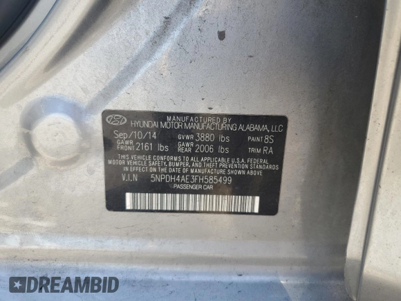 2015 Hyundai Elantra SE with VIN 5NPDH4AE3FH585499, listed as a Copart auction lot 61056805 with 126,452 mi miles and Salvage title. Bid and sale history available at DreamBid. Image 12.
