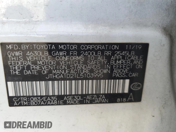 2020 Lexus IS 300 F Sport with VIN JTHGA1D21L5103995, listed as a Copart auction lot 47131455 with 3,928 mi miles and Salvage title. Bid and sale history available at DreamBid. Image 14.