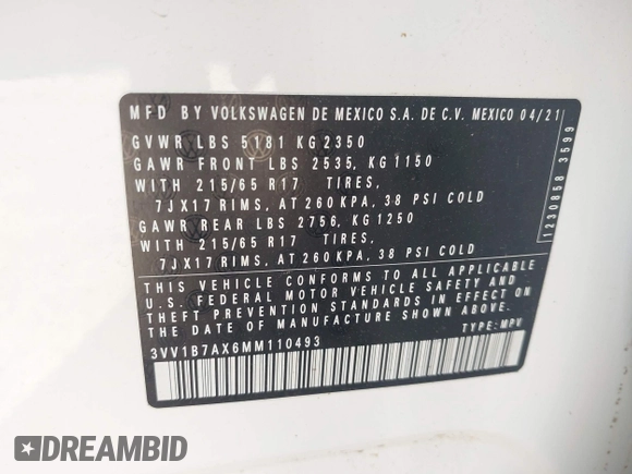2021 Volkswagen Tiguan S с VIN 3VV1B7AX6MM110493, выставлен на аукционе IAAI как лот 42042818 с пробегом 49 745 миль миль и . История ставок и продаж доступна на DreamBid. Изображение 9.