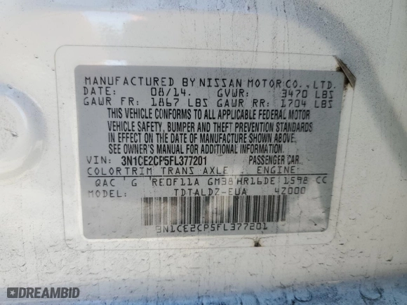 2015 Nissan Versa Note SR with VIN 3N1CE2CP5FL377201, listed as a Copart auction lot 47295175 with 133,899 mi miles and Salvage Title. Bid and sale history available at carsss.com. Image 13.