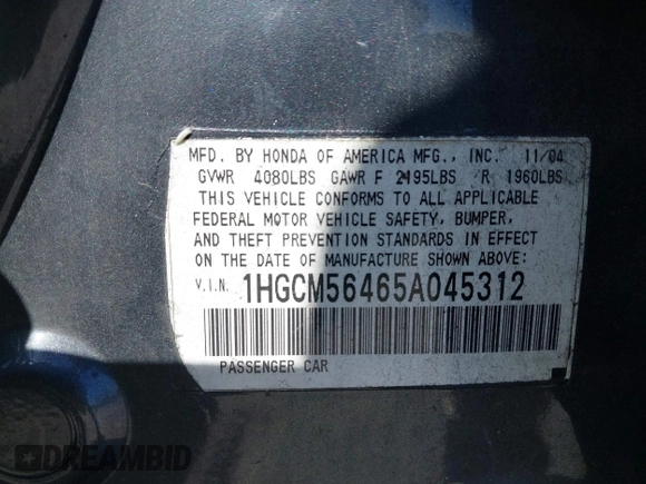 2005 Honda Accord LX with VIN 1HGCM56465A045312, listed as a IAAI auction lot 42060427 with 151,467 mi miles and . Bid and sale history available at DreamBid. Image 9.