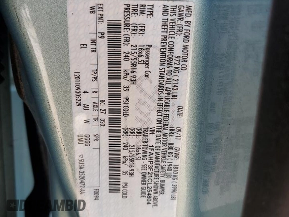 2012 Ford Focus SE с VIN 1FAHP3F21CL254804, выставлен на аукционе Copart как лот 59048665 с пробегом 117 566 миль миль и Списание • Salvage title. История ставок и продаж доступна на DreamBid. Изображение 12.