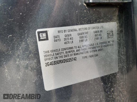 2013 Buick Regal Premium 1 with VIN 2G4GS5ERXD9225742, listed as a Copart auction lot 43608985 with 181,443 mi miles and Salvage title. Bid and sale history available at DreamBid. Image 13.