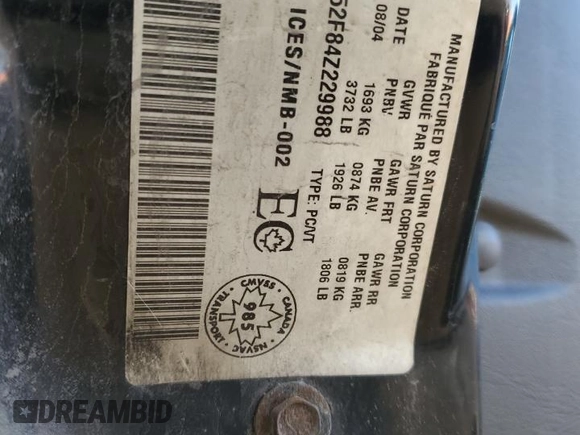 2004 Saturn ION ION 2 z VIN 1G8AJ52F84Z229988, wystawiony jako Copart lot #51742635 z przebiegiem 216 784 mil mil oraz Szkody całkowita. Historia ofert i sprzedaży dostępna na DreamBid. Obrazek 12.