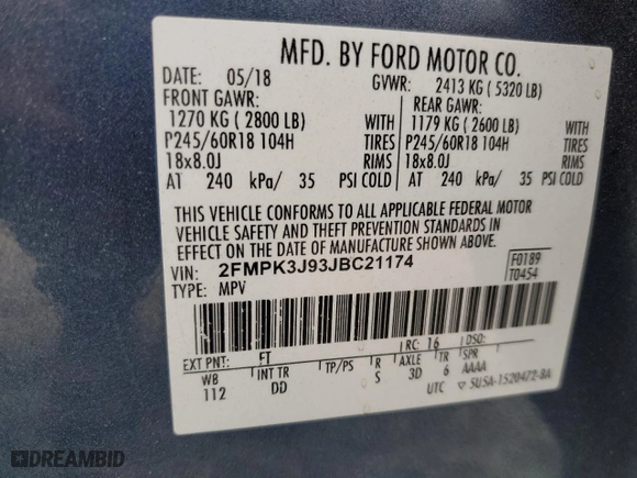 2018 Ford Edge SEL with VIN 2FMPK3J93JBC21174, listed as a Copart auction lot 50417545 with 100,461 mi miles and Salvage Title. Bid and sale history available at carsss.com. Image 13.