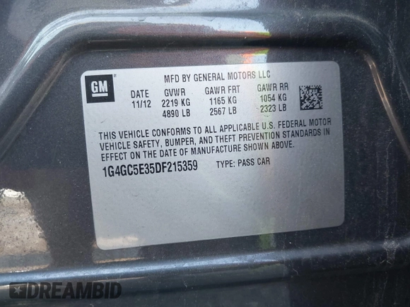2013 Buick LaCrosse Leather с VIN 1G4GC5E35DF215359, выставлен на аукционе IAAI как лот 42561920 с пробегом 115 711 миль миль и . История ставок и продаж доступна на DreamBid. Изображение 9.