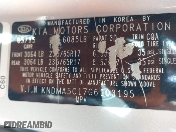 2016 Kia Sedona L with VIN KNDMA5C17G6103195, listed as a IAAI auction lot 41663528 with 322,257 mi miles. Bid and sale history available at carsss.com. Image 9.