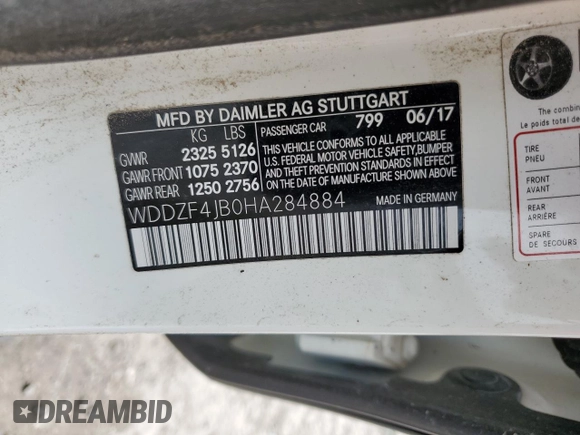 2017 Mercedes-Benz E with VIN WDDZF4JB0HA284884, listed as a Copart auction lot 55317155 with Not Provided miles and Salvage Title. Bid and sale history available at carsss.com. Image 13.