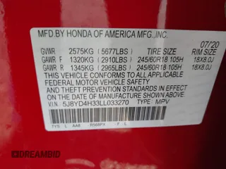 2020 Acura MDX with VIN 5J8YD4H33LL033270, listed as a IAAI auction lot 42542829 with 58,626 mi miles and . Bid and sale history available at DreamBid. Image 9.