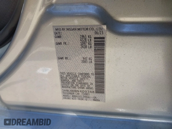 2023 Nissan Altima S with VIN 1N4BL4BV8PN409348, listed as a IAAI auction lot 41720136 with 14,096 mi miles and . Bid and sale history available at DreamBid. Image 9.