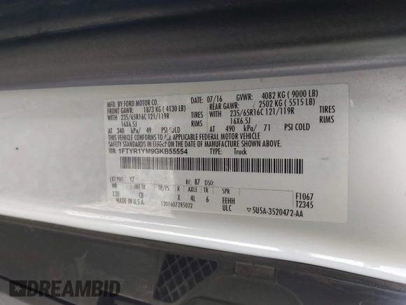 2016 Ford Transit Cargo with VIN 1FTYR1YM9GKB55554, listed as a IAAI auction lot 41850417 with 69,562 mi miles and . Bid and sale history available at DreamBid. Image 9.