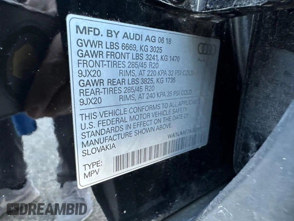2018 Audi Q7 Premium Plus with VIN WA1LAAF78JD050217, listed as a Copart auction lot 54598215 with 123,468 mi miles and Clean Title. Bid and sale history available at carsss.com. Image 10.