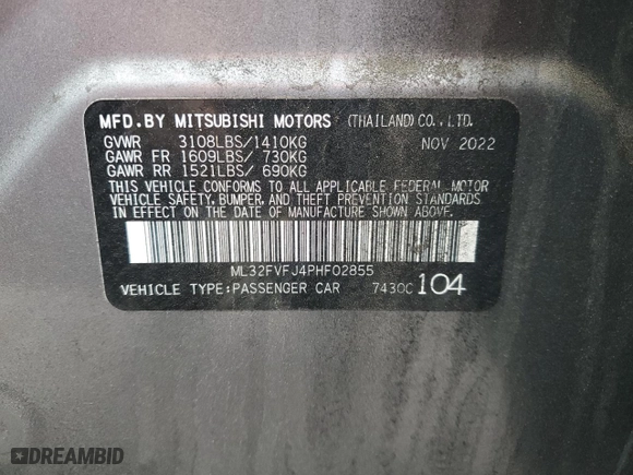 2023 Mitsubishi Mirage G4 SE with VIN ML32FVFJ4PHF02855, listed as a Copart auction lot 49831225 with 26,251 mi miles and Salvage Title. Bid and sale history available at carsss.com. Image 12.