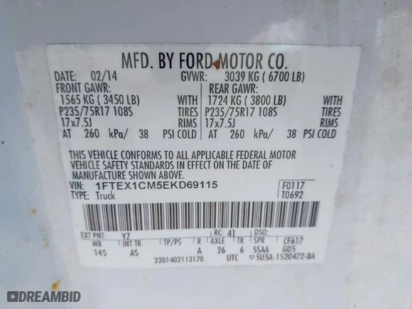 2014 Ford F-150 XL with VIN 1FTEX1CM5EKD69115, listed as a IAAI auction lot 41828506 with 188,824 mi miles. Bid and sale history available at carsss.com. Image 9.