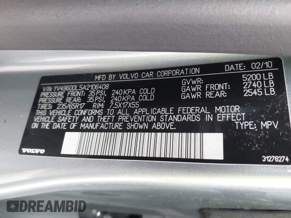 2010 Volvo XC60 3.2L with VIN YV4960DL5A2106408, listed as a IAAI auction lot 42047320 with 179,847 mi miles. Bid and sale history available at carsss.com. Image 9.