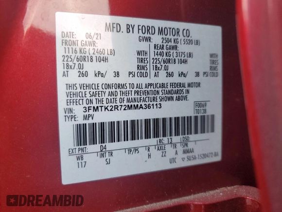 2021 Ford Mustang Mach-E California Route 1 with VIN 3FMTK2R72MMA36113, listed as a Copart auction lot 53877015 with 61,025 mi miles and Non Repairable. Bid and sale history available at DreamBid. Image 13.