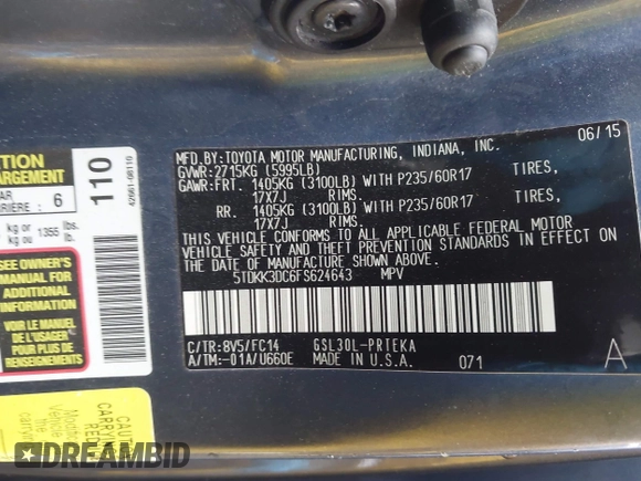 2015 Toyota Sienna LE AAS with VIN 5TDKK3DC6FS624643, listed as a IAAI auction lot 41919475 with Not Provided miles and . Bid and sale history available at DreamBid. Image 9.
