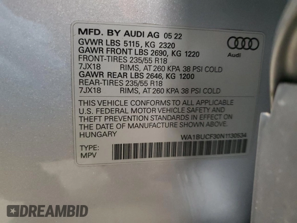 2022 Audi Q3 Premium Plus z VIN WA1BUCF30N1130534, wystawiony jako Copart lot #79628984 z przebiegiem 16 388 mil mil oraz Szkoda całkowita • Salvage title. Historia ofert i sprzedaży dostępna na DreamBid. Obrazek 14.