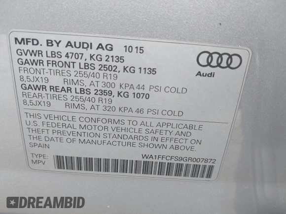 2016 Audi Q3 Prestige with VIN WA1FFCFS9GR007872, listed as a IAAI auction lot 42541509 with 86,187 mi miles and . Bid and sale history available at DreamBid. Image 9.