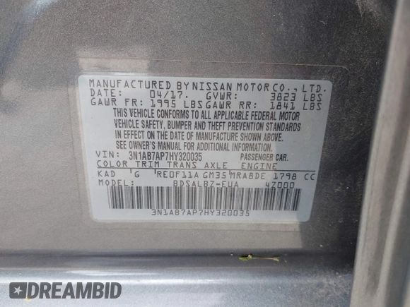 2017 Nissan Sentra S with VIN 3N1AB7AP7HY320035, listed as a IAAI auction lot 42017509 with 31,650 mi miles and . Bid and sale history available at DreamBid. Image 9.