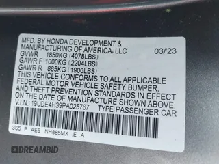 2023 Acura Integra w/A-Spec Package with VIN 19UDE4H39PA025767, listed as a IAAI auction lot 42414288 with 24,125 mi miles and . Bid and sale history available at DreamBid. Image 9.