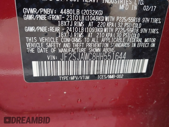 2017 Subaru Forester Touring z VIN JF2SJAWC8HH551644, wystawiony jako IAAI lot #42233209 z przebiegiem 108 199 mil mil oraz . Historia ofert i sprzedaży dostępna na DreamBid. Obrazek 9.