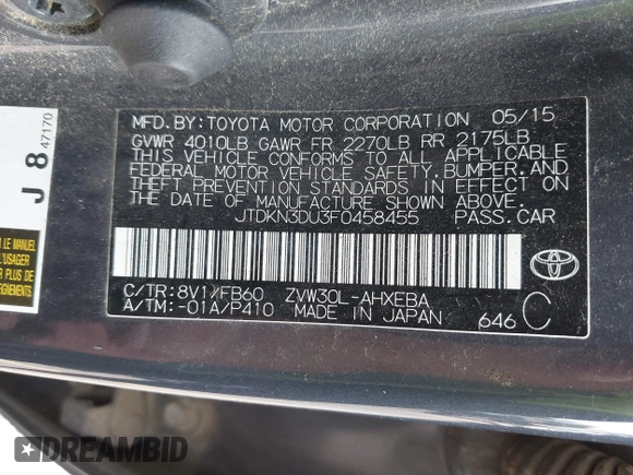 2015 Toyota Prius Four with VIN JTDKN3DU3F0458455, listed as a IAAI auction lot 42389286 with 215,703 mi miles and . Bid and sale history available at DreamBid. Image 9.