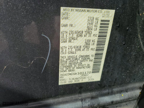 2016 Nissan Murano S with VIN 5N1AZ2MG5GN101170, listed as a Copart auction lot 49391835 with 58,054 mi miles and Salvage Title. Bid and sale history available at carsss.com. Image 14.
