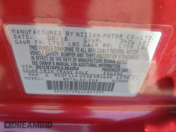 2018 Nissan Versa Sedan SV with VIN 3N1CN7AP6JL864254, listed as a IAAI auction lot 41988368 with Not Provided miles. Bid and sale history available at carsss.com. Image 9.