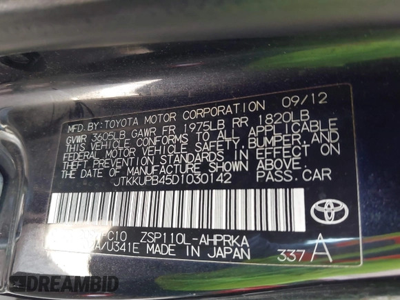 2013 Scion xD with VIN JTKKUPB45D1030142, listed as a IAAI auction lot 42452843 with 189,753 mi miles and . Bid and sale history available at DreamBid. Image 9.