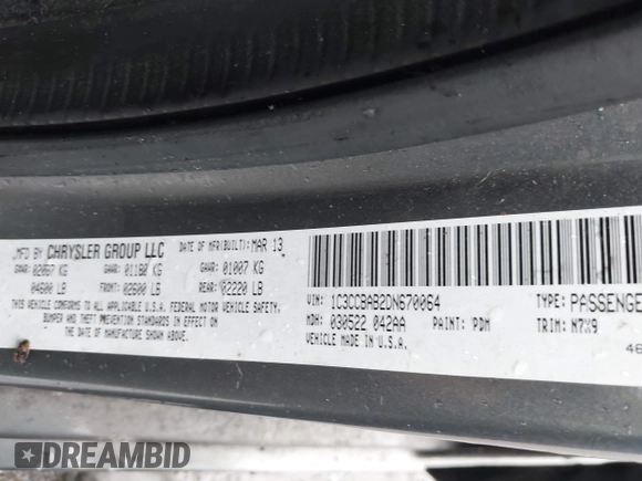 2013 Chrysler 200 LX with VIN 1C3CCBAB2DN670064, listed as a IAAI auction lot 41868994 with Not Provided miles. Bid and sale history available at carsss.com. Image 9.