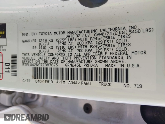 2007 Toyota Tacoma with VIN 5TELU42N97Z387675, listed as a IAAI auction lot 41687877 with 244,973 mi miles and . Bid and sale history available at DreamBid. Image 9.