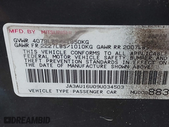 2009 Mitsubishi Lancer DE with VIN JA3AU16U09U034503, listed as a IAAI auction lot 41522912 with 177,526 mi miles. Bid and sale history available at carsss.com. Image 9.