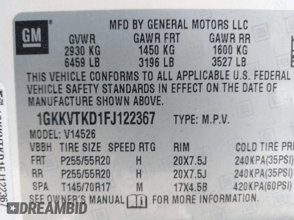 2015 GMC Acadia Denali with VIN 1GKKVTKD1FJ122367, listed as a IAAI auction lot 41850329 with 82,612 mi miles. Bid and sale history available at carsss.com. Image 9.