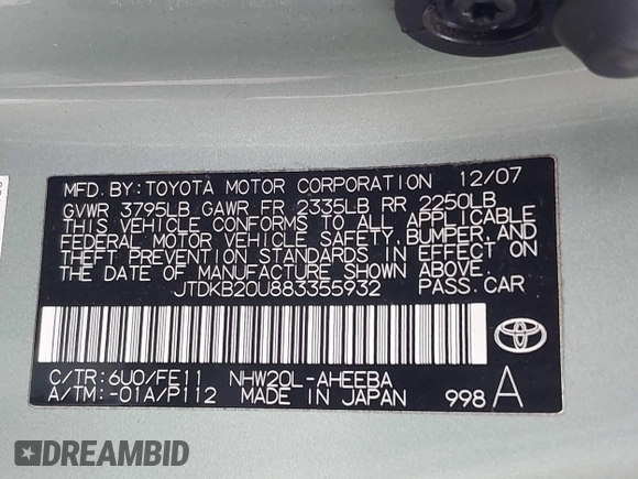2008 Toyota Prius z VIN JTDKB20U883355932, wystawiony jako IAAI lot #42202675 z przebiegiem 191 926 mil mil oraz . Historia ofert i sprzedaży dostępna na DreamBid. Obrazek 9.