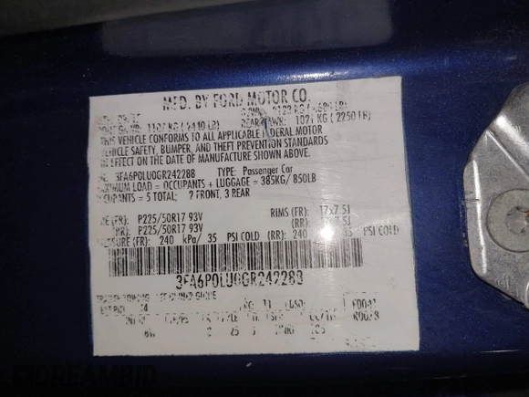 2016 Ford Fusion SE Hybrid with VIN 3FA6P0LU0GR242288, listed as a IAAI auction lot 41867085 with 114,063 mi miles. Bid and sale history available at carsss.com. Image 17.