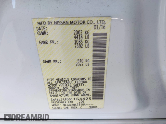 2016 Nissan Altima SL z VIN 1N4BL3AP0GC164425, wystawiony jako IAAI lot #42175694 z przebiegiem 106 255 mil mil oraz . Historia ofert i sprzedaży dostępna na DreamBid. Obrazek 9.