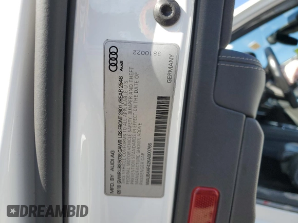 2019 Audi S4 Premium Plus z VIN WAUB4AF42KA000766, wystawiony jako Copart lot #50551065 z przebiegiem Nie podano mil oraz Szkody całkowita. Historia ofert i sprzedaży dostępna na DreamBid. Obrazek 13.