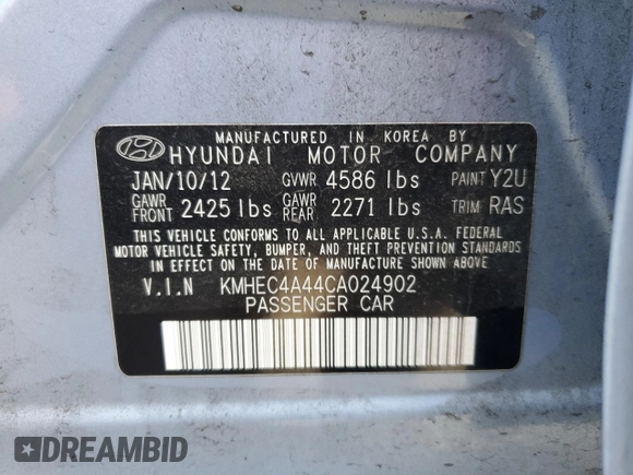 2012 Hyundai Sonata Hybrid with VIN KMHEC4A44CA024902, listed as a Copart auction lot 51710515 with 206,453 mi miles and Salvage Title. Bid and sale history available at DreamBid. Image 15.