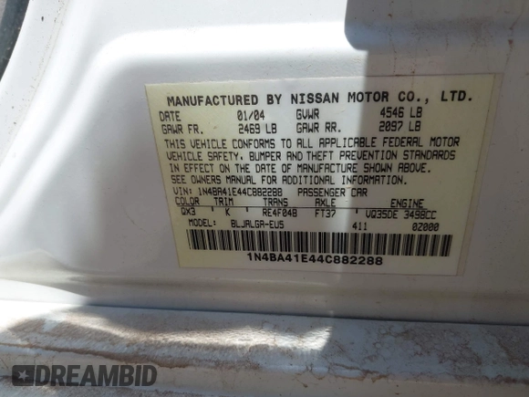 2004 Nissan Maxima SE with VIN 1N4BA41E44C882288, listed as a IAAI auction lot 42047495 with 323,753 mi miles. Bid and sale history available at carsss.com. Image 9.