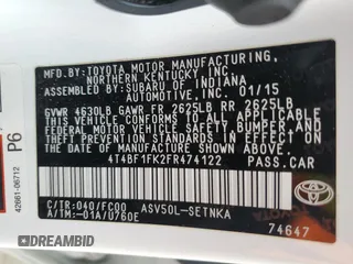 2015 Toyota Camry XLE with VIN 4T4BF1FK2FR474122, listed as a Copart auction lot 46443185 with 48,560 mi miles and Salvage Title. Bid and sale history available at carsss.com. Image 15.