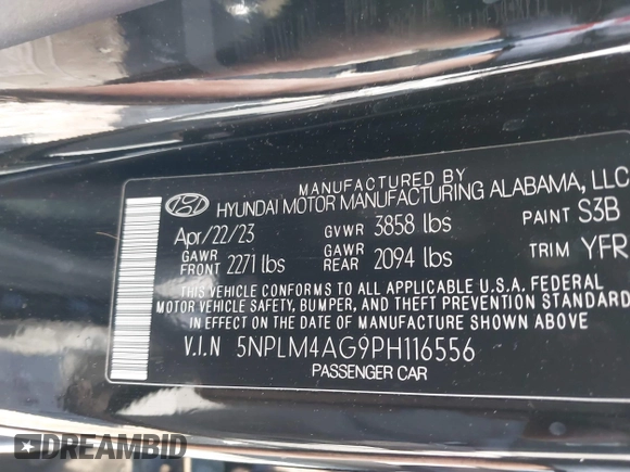 2023 Hyundai Elantra SEL with VIN 5NPLM4AG9PH116556, listed as a IAAI auction lot 41965379 with 5,907 mi miles and . Bid and sale history available at DreamBid. Image 9.