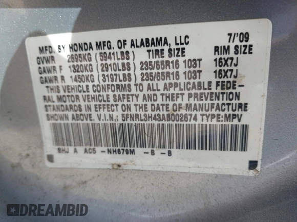 2010 Honda Odyssey EX with VIN 5FNRL3H43AB002674, listed as a IAAI auction lot 41769655 with 217,872 mi miles. Bid and sale history available at carsss.com. Image 9.