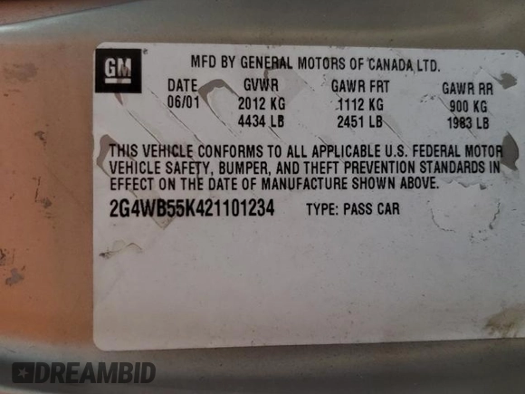 2002 Buick Regal LS z VIN 2G4WB55K421101234, wystawiony jako Copart lot #54744355 z przebiegiem Nie podano mil oraz Szkoda całkowita • Salvage title. Historia ofert i sprzedaży dostępna na DreamBid. Obrazek 13.