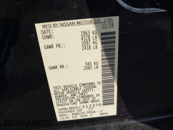 2020 Nissan Altima 2.5 S with VIN 1N4BL4BV5LC212370, listed as a IAAI auction lot 41015332 with 87,999 mi miles. Bid and sale history available at carsss.com. Image 9.