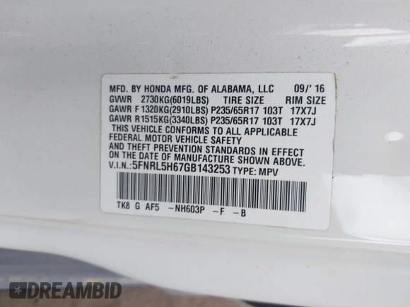 2016 Honda Odyssey EX-L with VIN 5FNRL5H67GB143253, listed as a IAAI auction lot 41952043 with 209,153 mi miles and . Bid and sale history available at DreamBid. Image 9.
