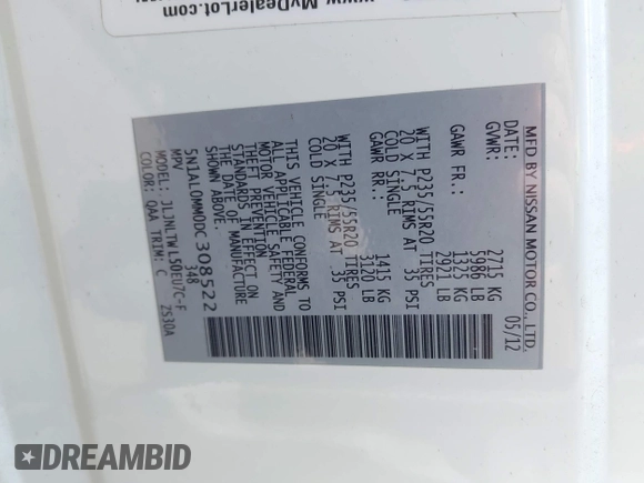 2013 Infiniti JX35 с VIN 5N1AL0MM0DC308522, выставлен на аукционе IAAI как лот 42497631 с пробегом 181 935 миль миль и . История ставок и продаж доступна на DreamBid. Изображение 9.